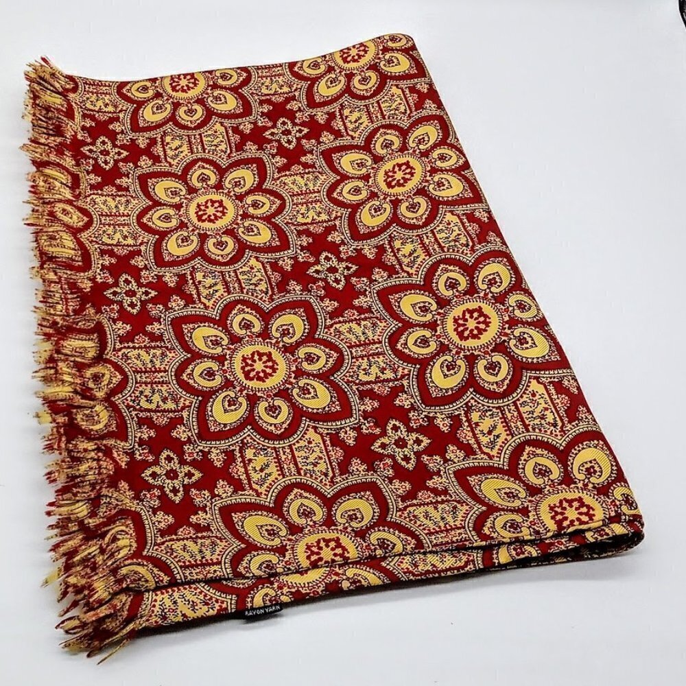 Red Golden Tan Print Fringed Oblong Scarf
